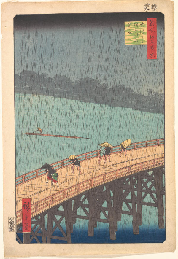 Sudden Shower over Shin-Ōhashi Bridge and Atake (Ōhashi Atake no yūdachi), from the series One Hundred Famous Views of Edo (Meisho Edo hyakkei), Utagawa Hiroshige (Japanese, Tokyo (Edo) 1797–1858 Tokyo (Edo)), Woodblock print; ink and color on paper, Japan