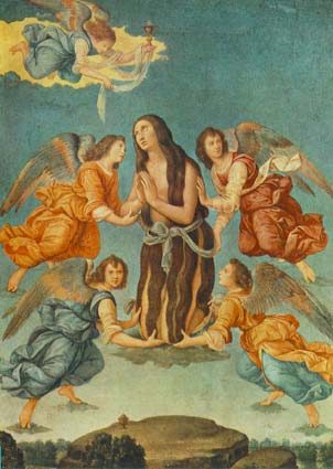 Lorenzo di Credi: engelen brengen de communie naar Maria Magdalena